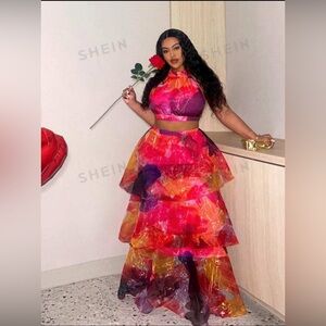 SHEIN Colored Multi-Layered Ruffle Hem Mesh See-Through Two-Piece Set 4x